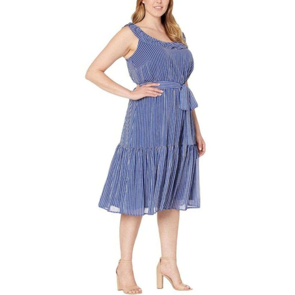 Michael Kors Plussize Striped Tiered Midi Dress - Picture 2 of 7